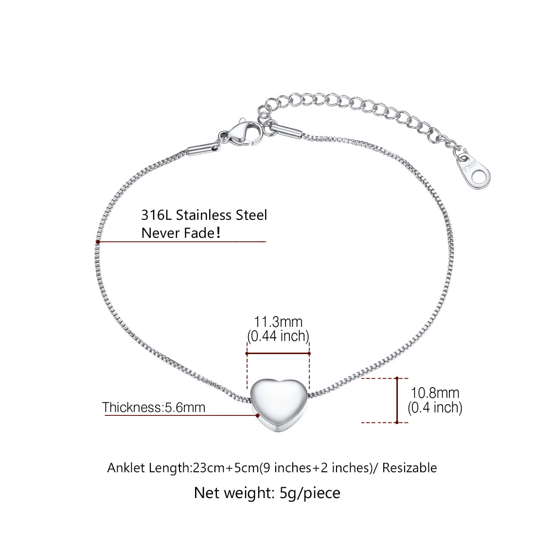 Custom Engraving Heart Ankle Bracelet With Cable Chain for