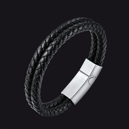 Engraved Custom Double Black Braided Leather Bracelet Cuff for Son