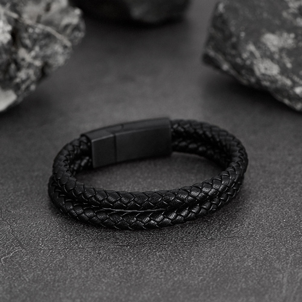 Engraved Custom Double Black Braided Leather Bracelet Cuff for Son
