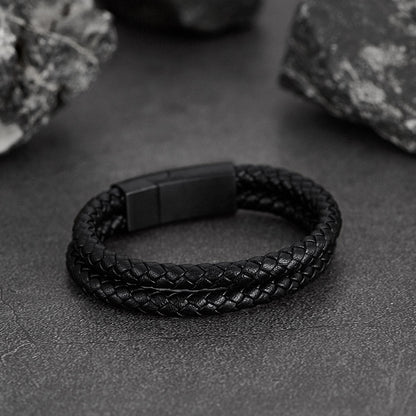 Engraved Custom Double Black Braided Leather Bracelet Cuff for Son