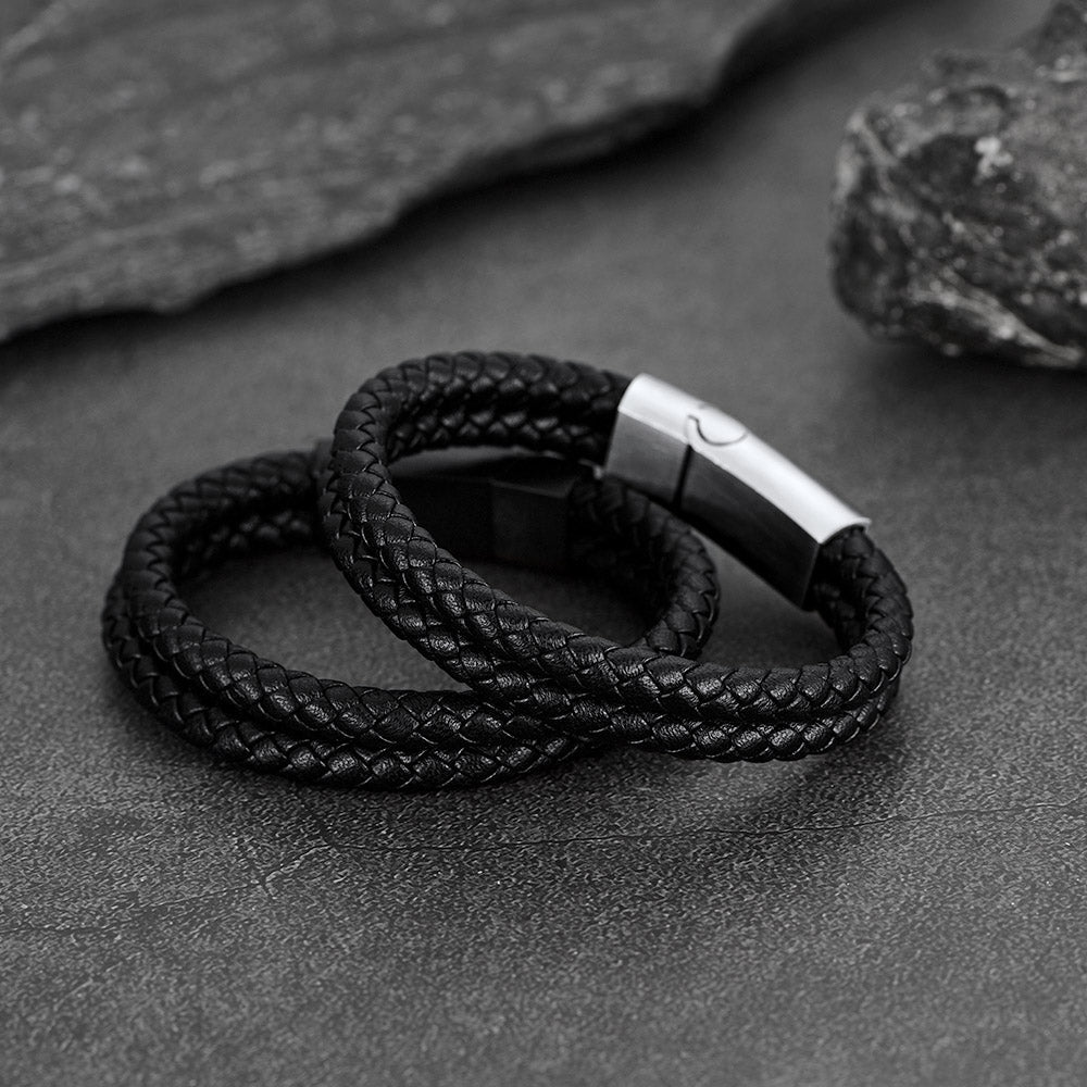 Engraved Custom Double Black Braided Leather Bracelet Cuff for Son