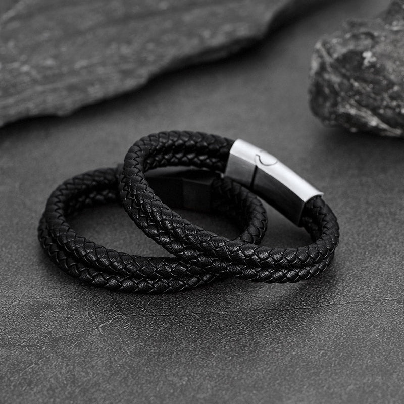 Engraved Custom Double Black Braided Leather Bracelet Cuff for Son