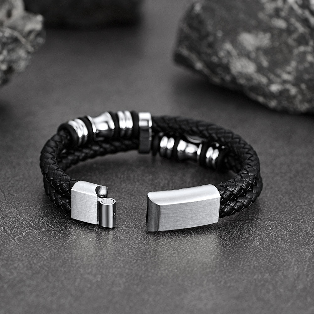 Engraved Black Braided Leather Bracelet Cuff Gift for