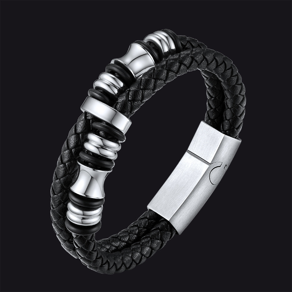Engraved Black Braided Leather Bracelet Cuff Gift for