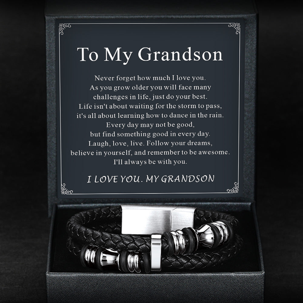 Engraved Black Braided Leather Bracelet Cuff Gift for