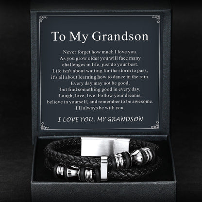 Engraved Black Braided Leather Bracelet Cuff Gift for