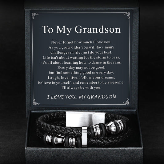 Engraved Braided Leather Bracelet for My Grandson