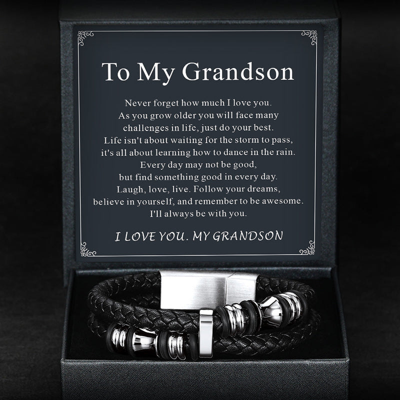 Engraved Braided Leather Bracelet for My Grandson