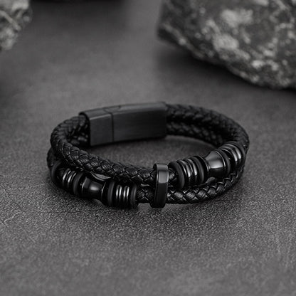 Engraved Black Braided Leather Bracelet Cuff Gift for