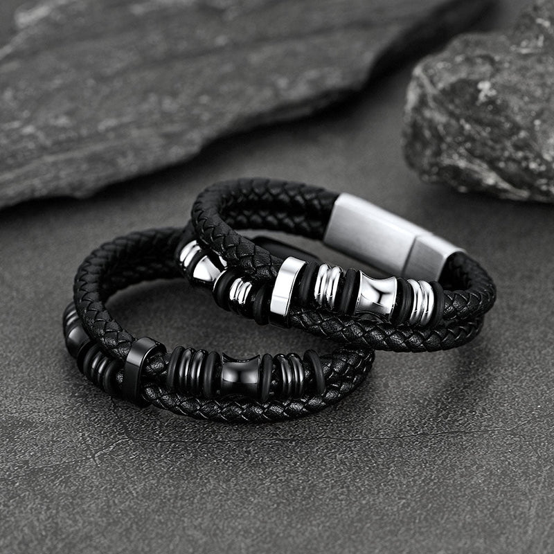 Engraved Black Braided Leather Bracelet Cuff Gift for