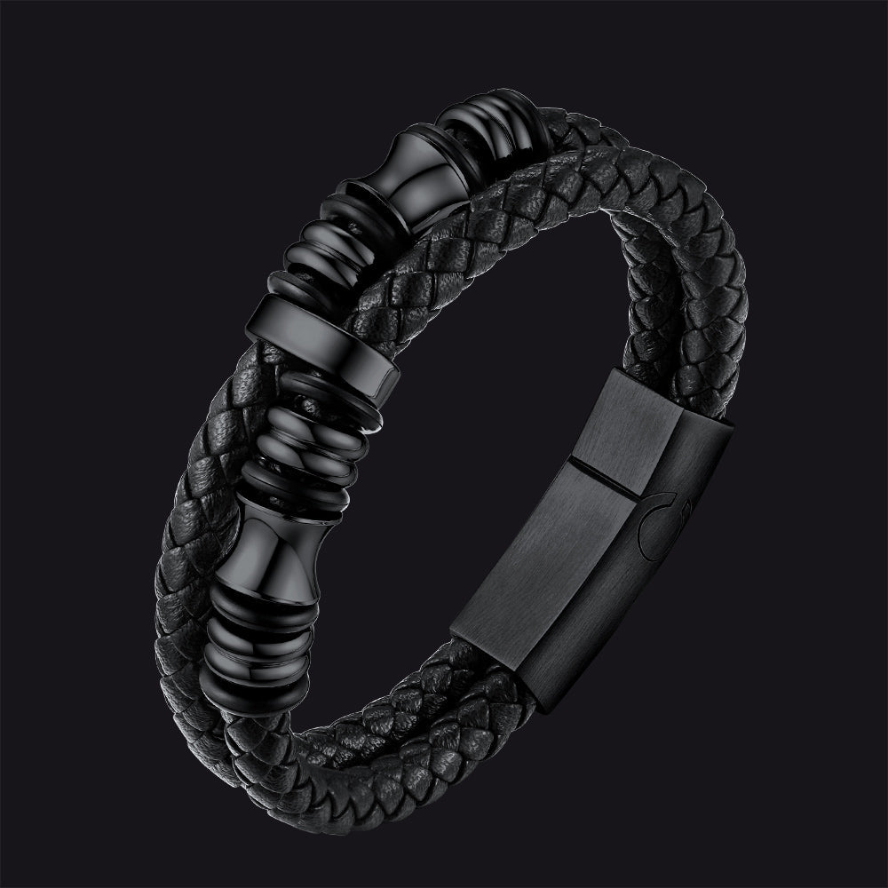 Engraved Black Braided Leather Bracelet Cuff Gift for