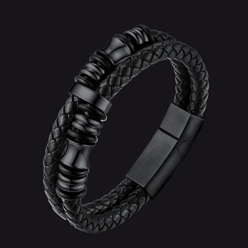 Engraved Black Braided Leather Bracelet Cuff Gift for