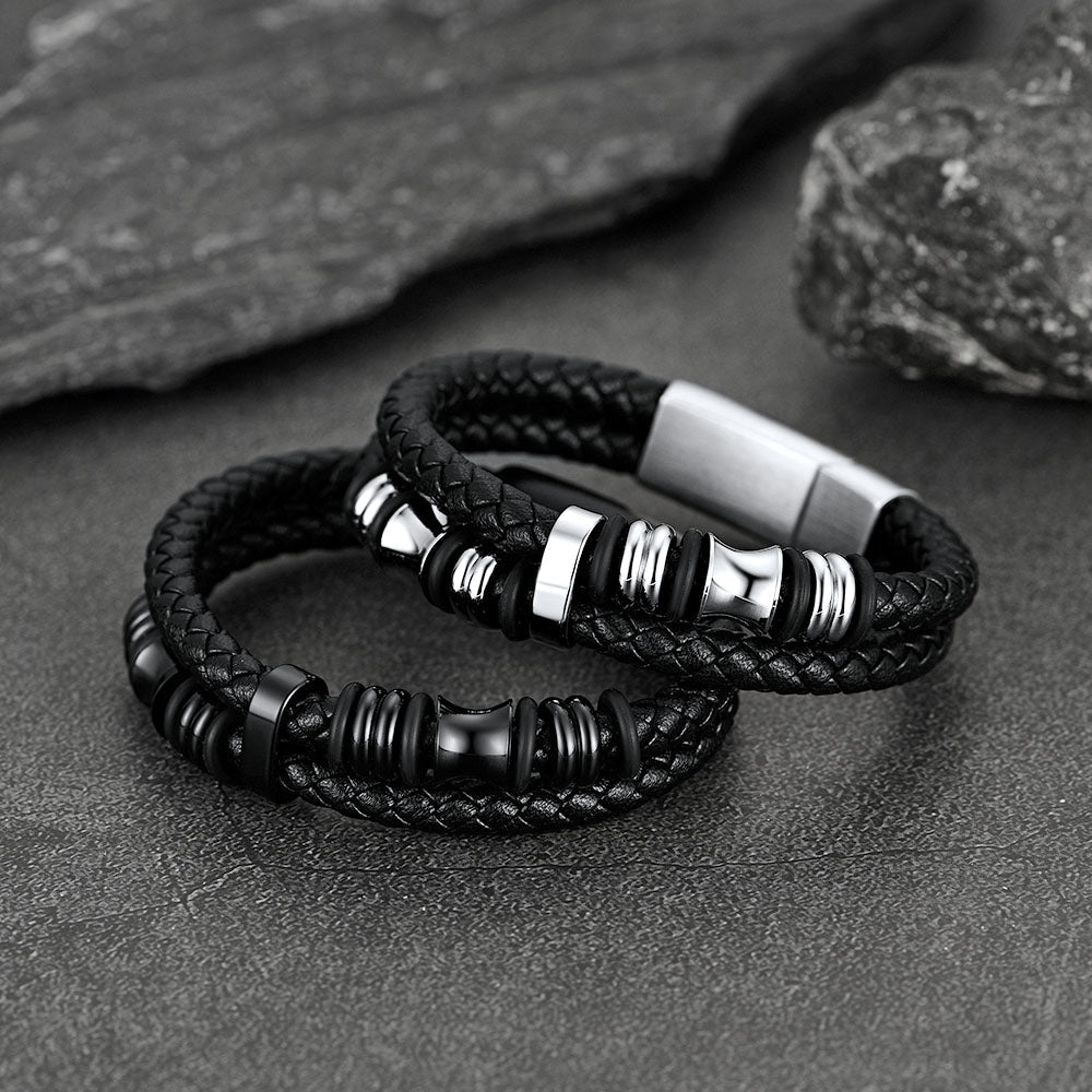 Viking Black Engraved Leather Braided Wristband Bracelet for