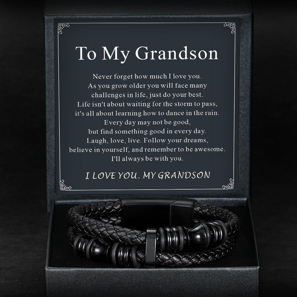 Engraved Braided Leather Bracelet for My Grandson