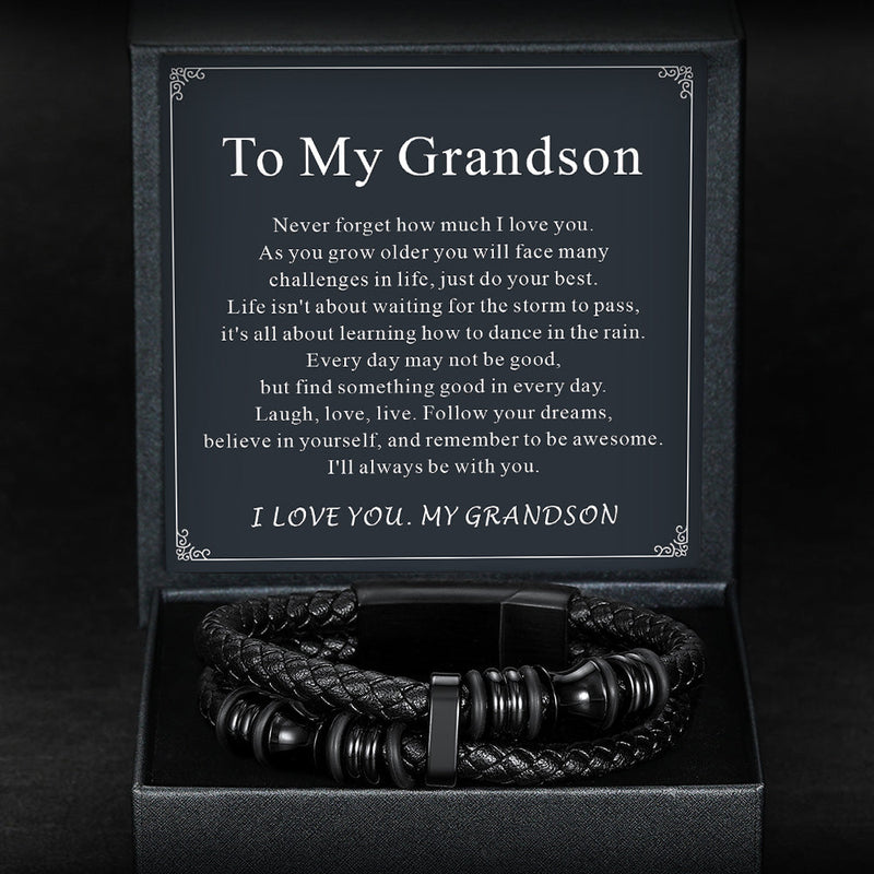 Engraved Braided Leather Bracelet for My Grandson