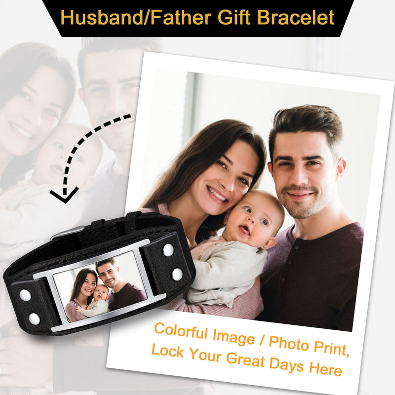 Personalized Picture Leather Bracelet Black Wristband for