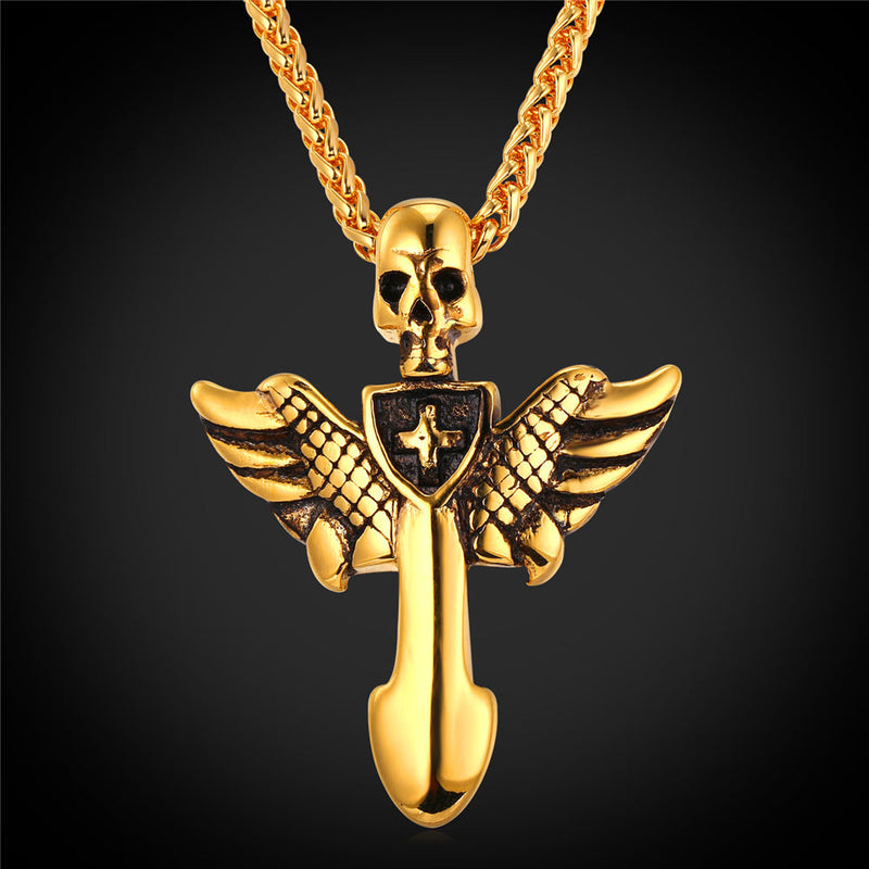 Gothic Skull Cross Necklace With Wing for