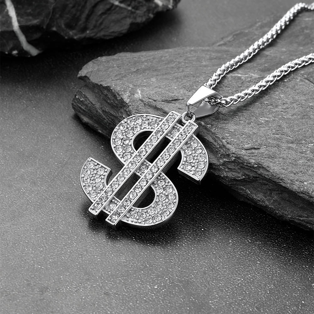 Hip Hop Full Cubic Zirconia Dollar Sign Necklace for