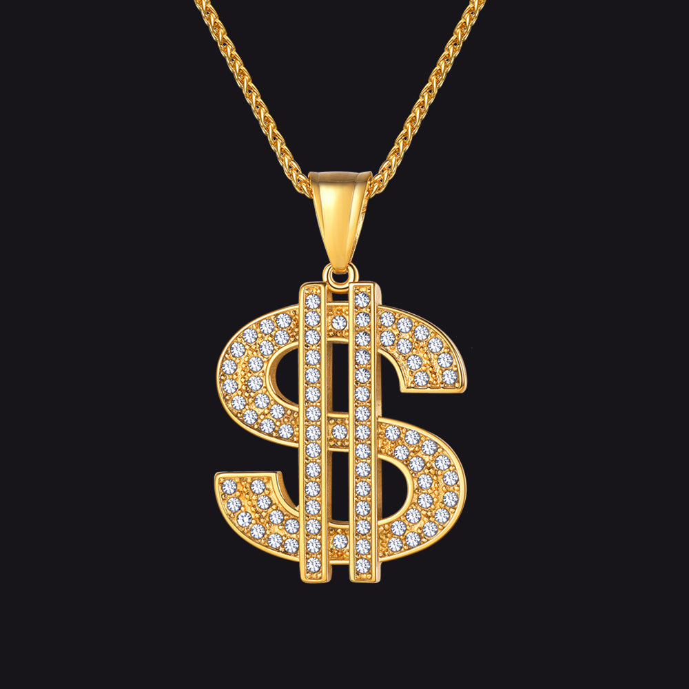Hip Hop Full Cubic Zirconia Dollar Sign Necklace for