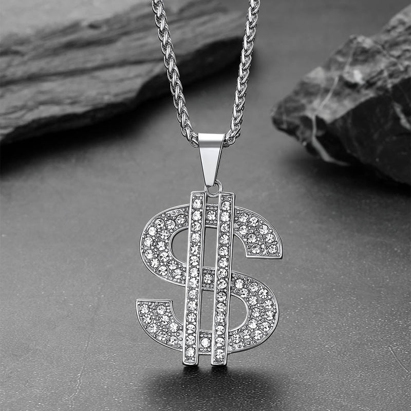 Hip Hop Full Cubic Zirconia Dollar Sign Necklace for
