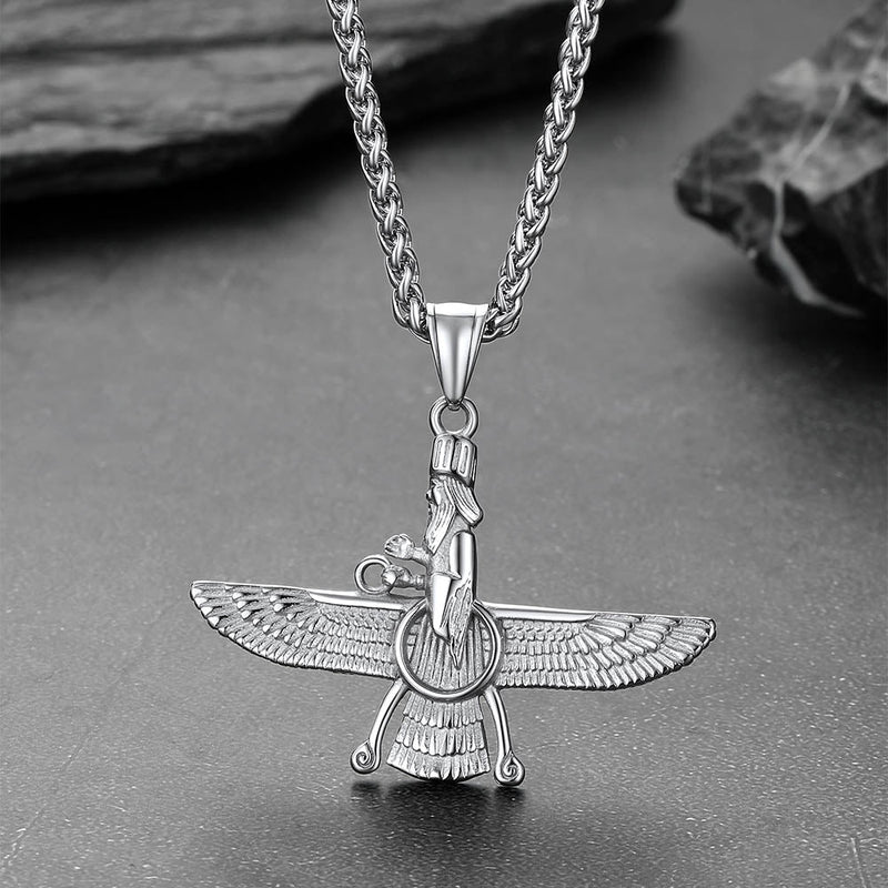 Stainless Steel Faravahar Ahura Mazda Pendant Necklace for