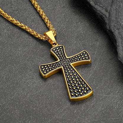 Thick Christ Simple Cross Necklace With Black Enamel Dotted