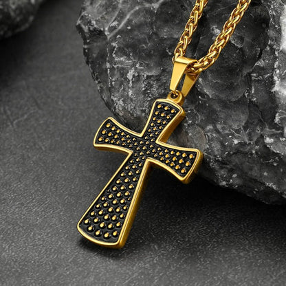 Thick Christ Simple Cross Necklace With Black Enamel Dotted