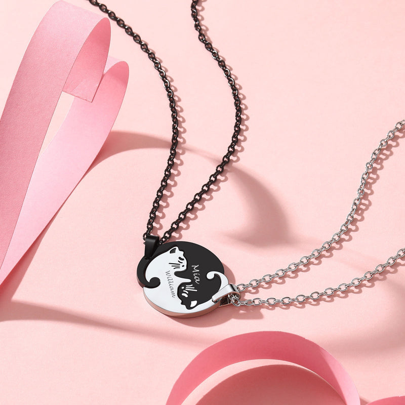 Custom Cat Matching Puzzle Necklace Engraved 2 Names Gift for Couple Girlfriend