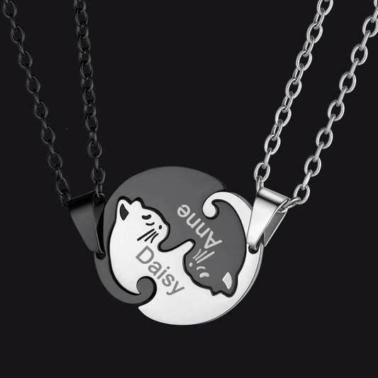 Custom Cat Matching Puzzle Necklace Engraved 2 Names Gift for Couple Girlfriend