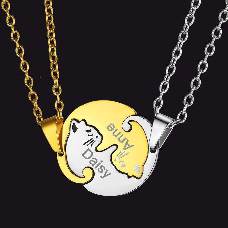 Custom Cat Matching Puzzle Necklace Engraved 2 Names Gift for Couple Girlfriend