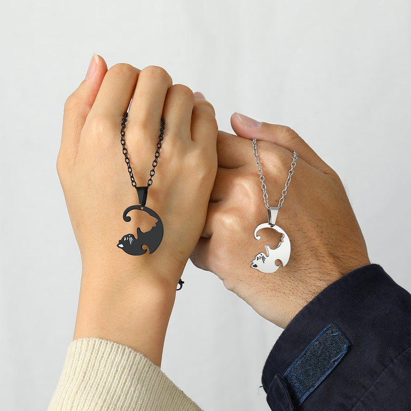 Custom Cat Matching Puzzle Necklace Engraved 2 Names Gift for Couple Girlfriend