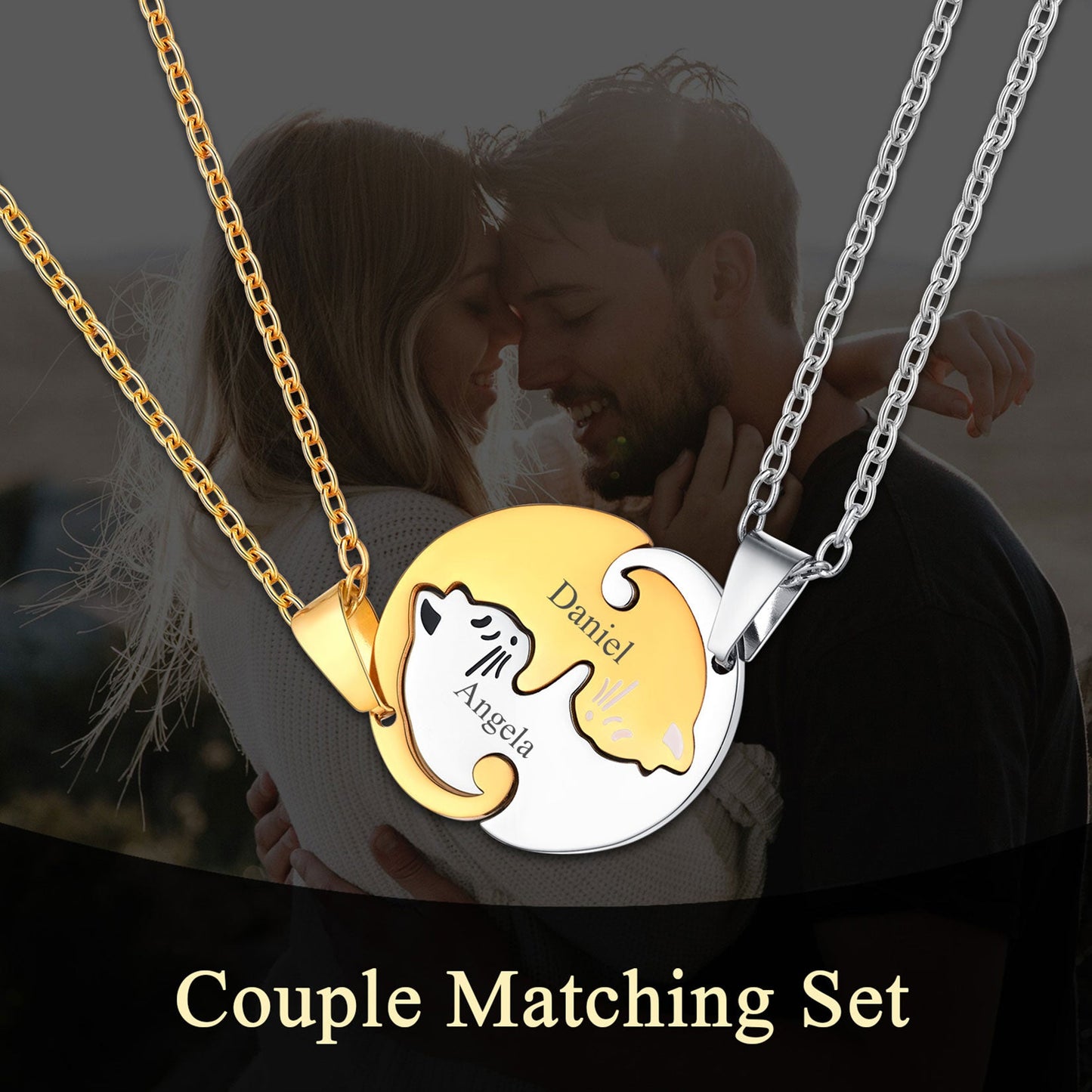 Custom Cat Matching Puzzle Necklace Engraved 2 Names Gift for Couple Girlfriend