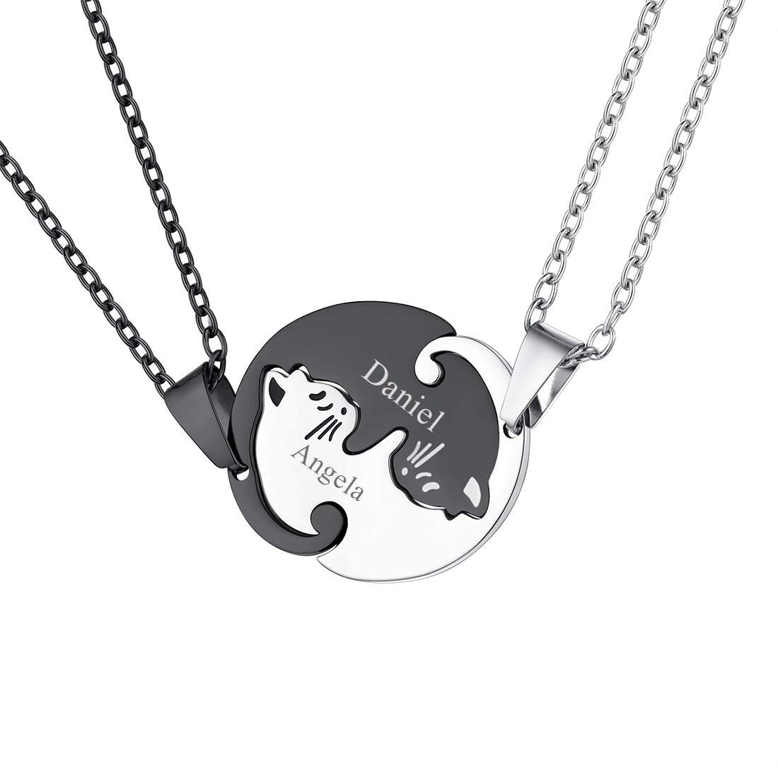 Custom Cat Matching Puzzle Necklace Engraved 2 Names Gift for Couple Girlfriend