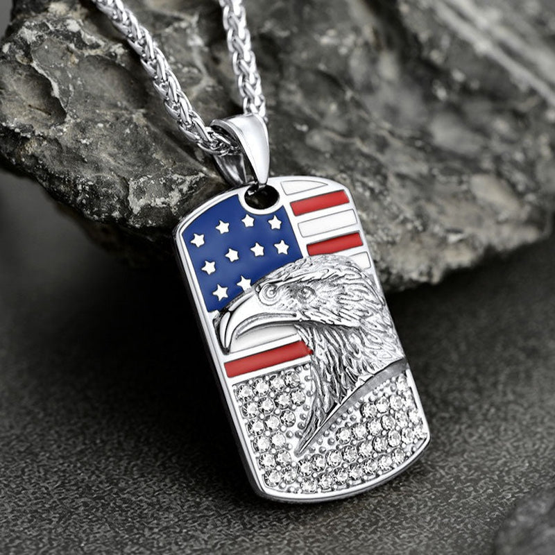 Engraved American Flag Eagle Dog Tag Necklace for