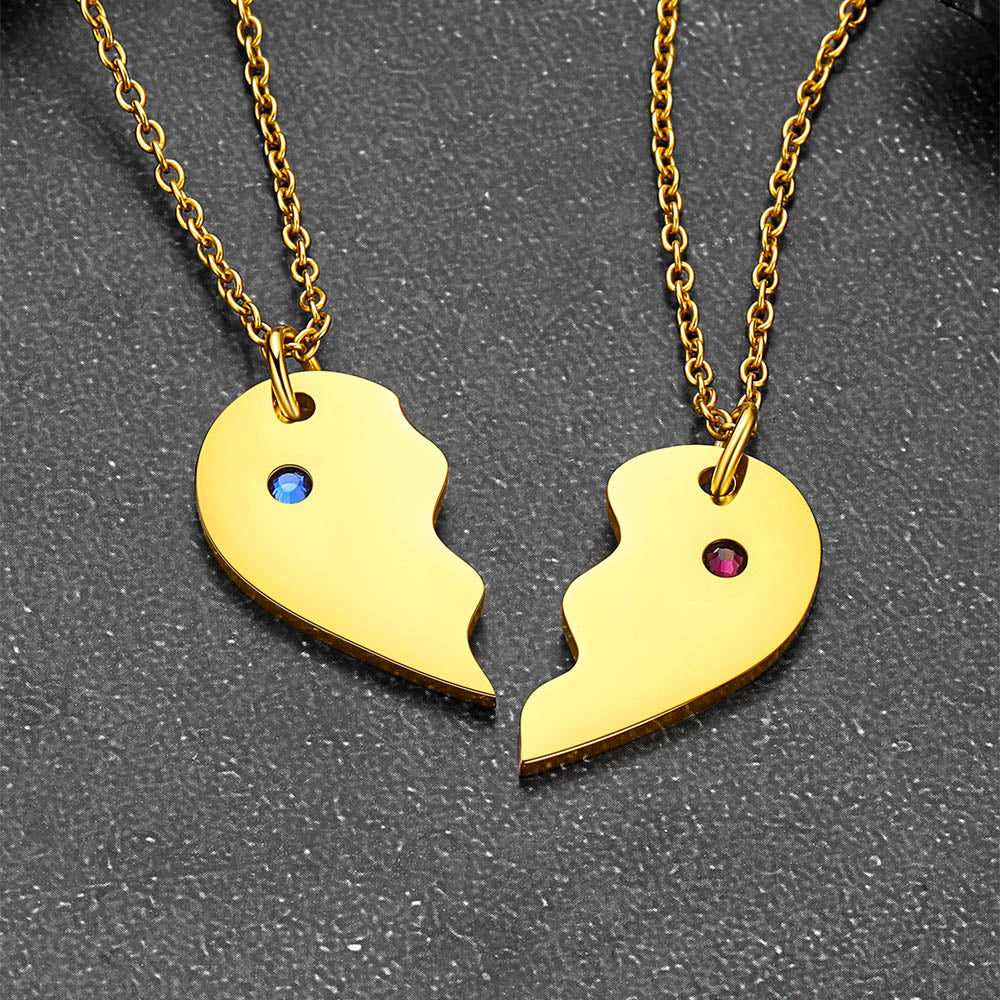 Custom Heart Matching Necklaces With Birthstone for Couple Best Friends