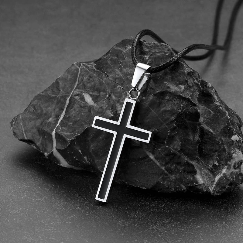 Christian Black Enamel Cross Necklace With Braided Leather Chain for