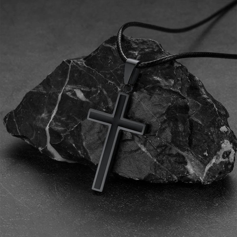 Christian Black Enamel Cross Necklace With Braided Leather Chain for