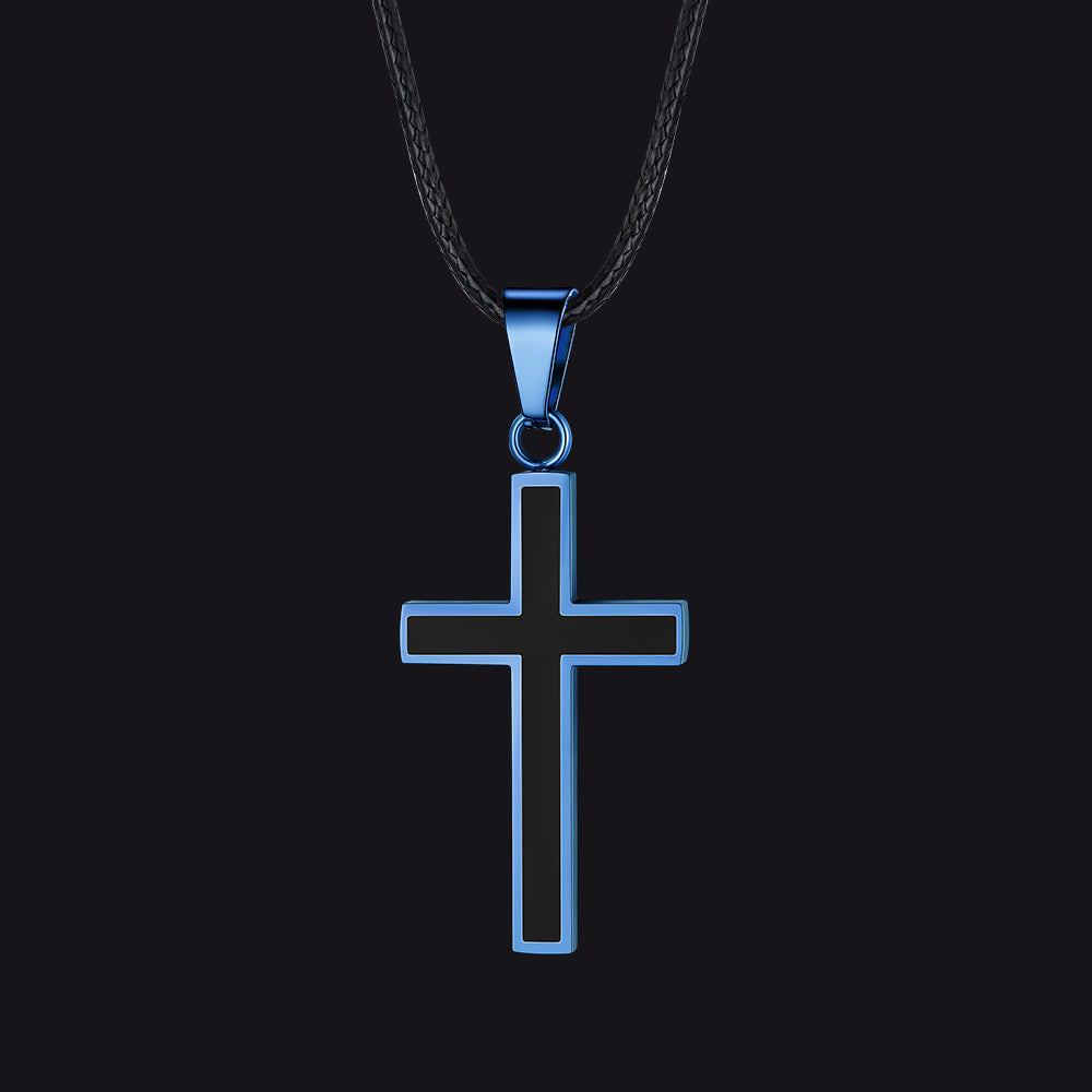 Christian Black Enamel Cross Necklace With Braided Leather Chain for