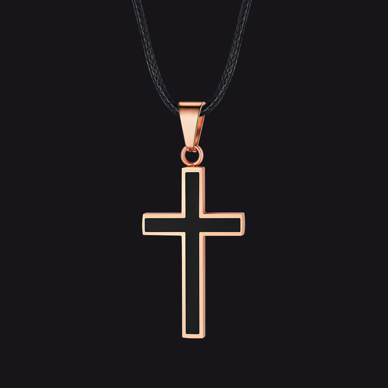 Christian Black Enamel Cross Necklace With Braided Leather Chain for