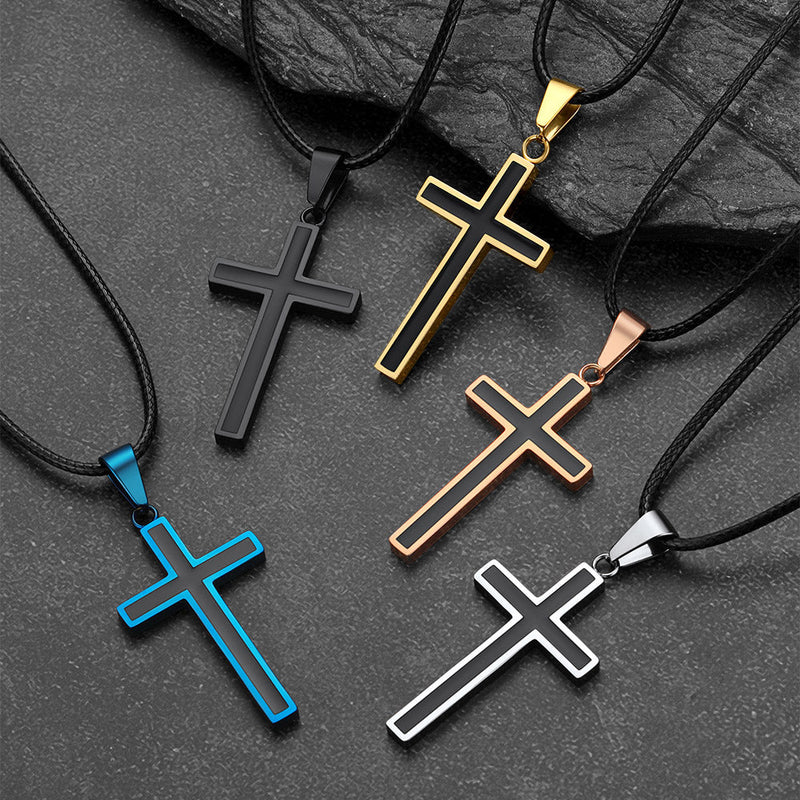 Christian Black Enamel Cross Necklace With Braided Leather Chain for