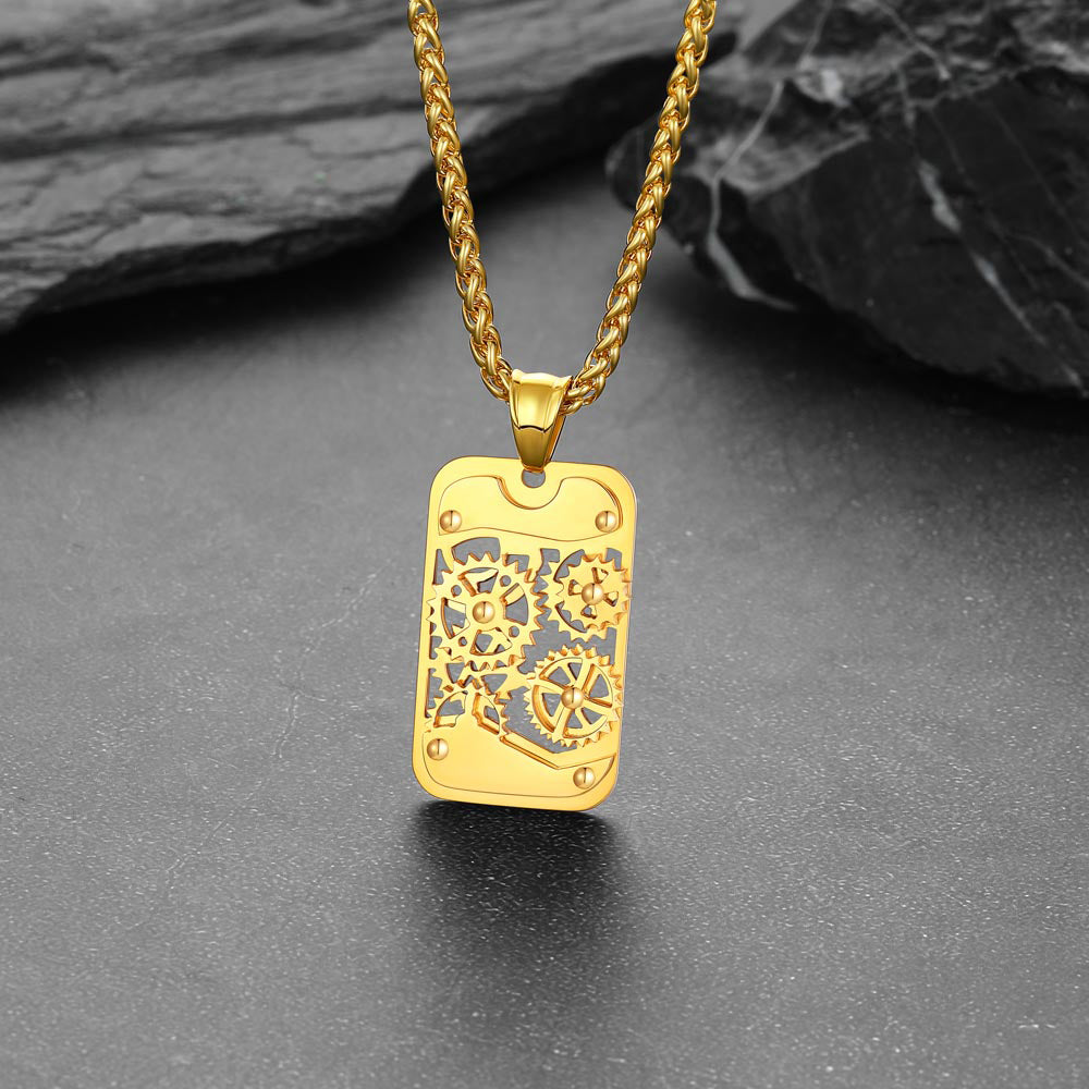 Mechanical Gear Dog Tag Pendant Necklace for