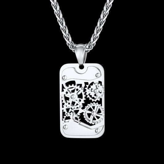Mechanical Gear Dog Tag Pendant Necklace for