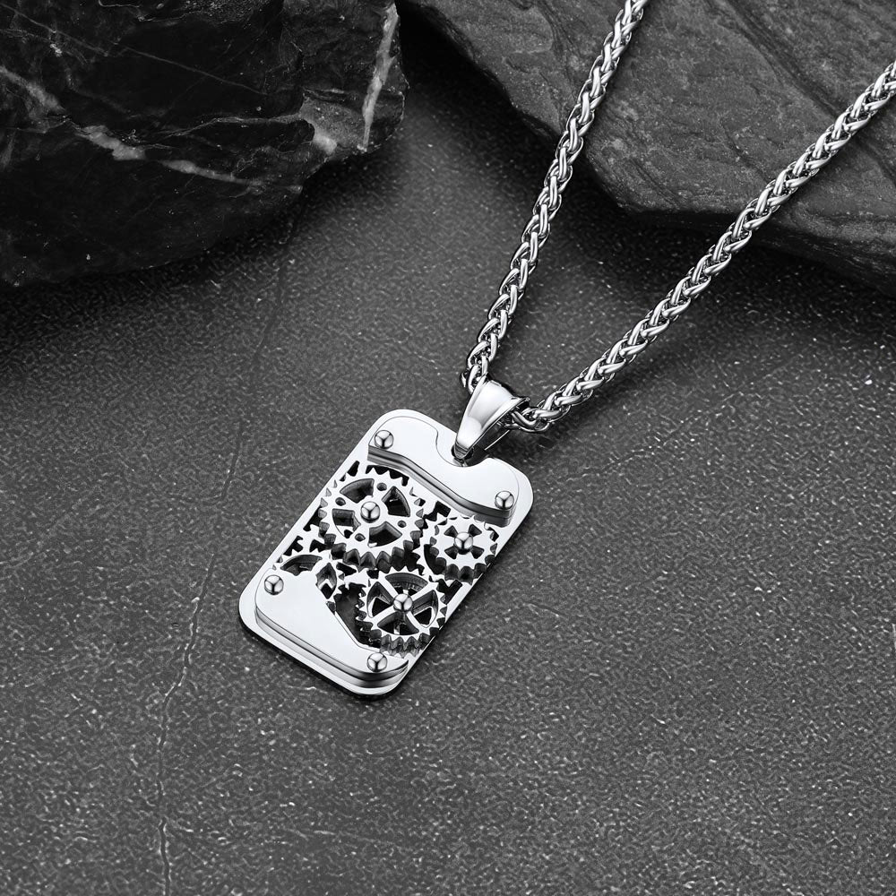 Mechanical Gear Dog Tag Pendant Necklace for