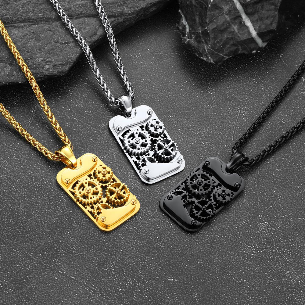 Mechanical Gear Dog Tag Pendant Necklace for