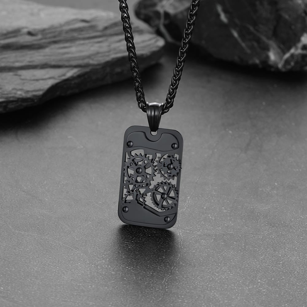 Mechanical Gear Dog Tag Pendant Necklace for