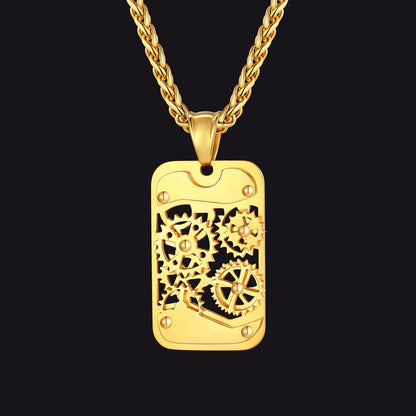Mechanical Gear Dog Tag Pendant Necklace for