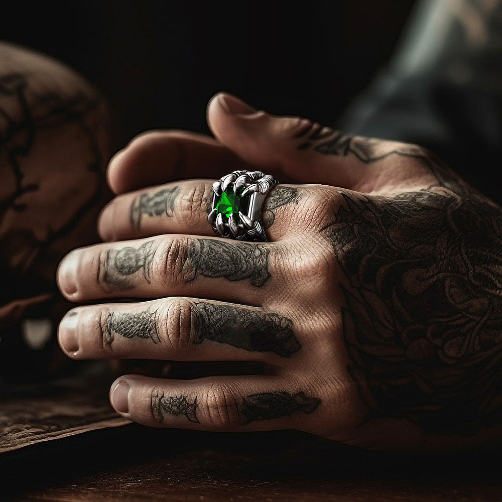 Crystal Dragon Claw Stainless Steel Gemstone Ring for