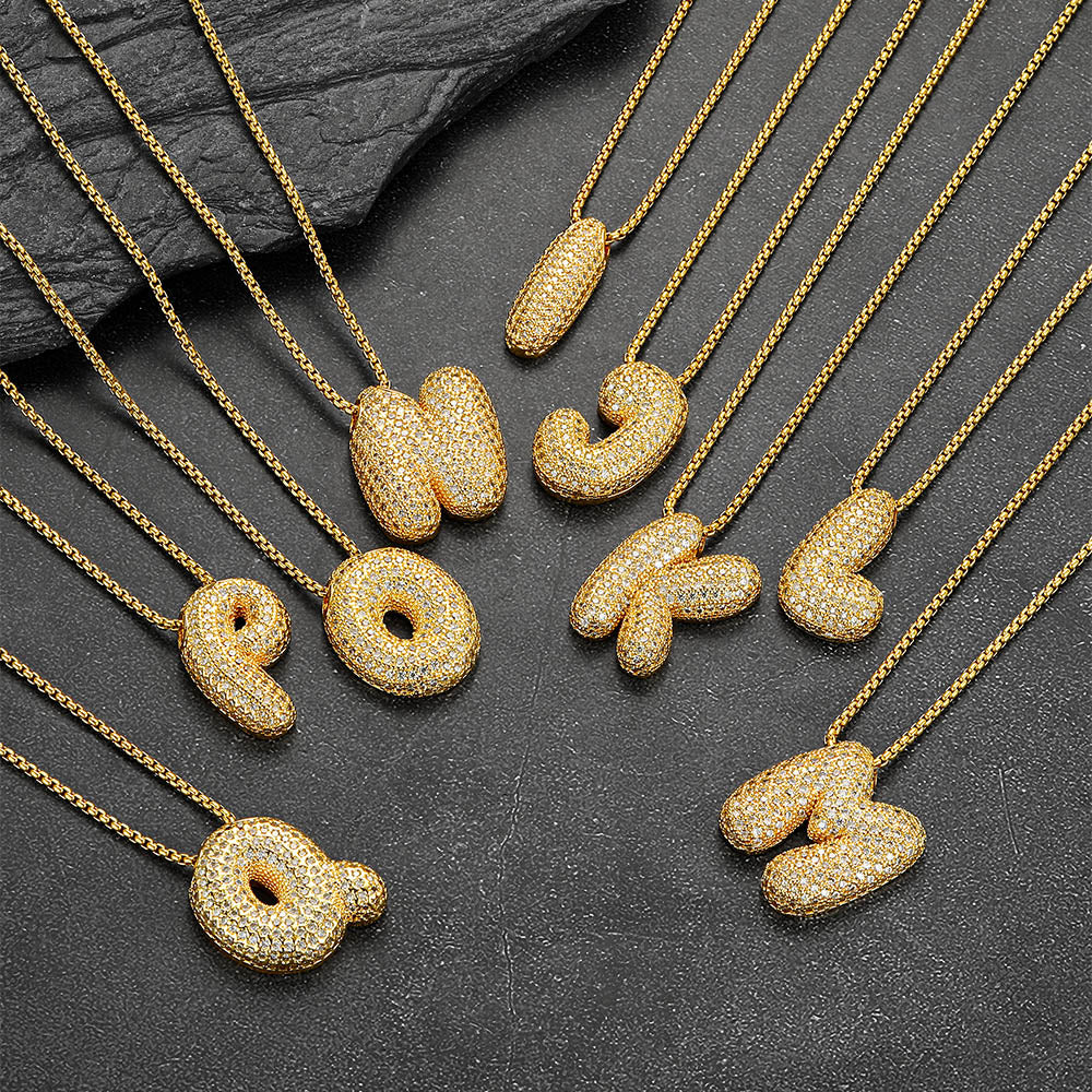 Gold Diamond Bubble Letter Initial Chain Necklace for