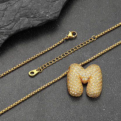 Gold Diamond Bubble Letter Initial Chain Necklace for