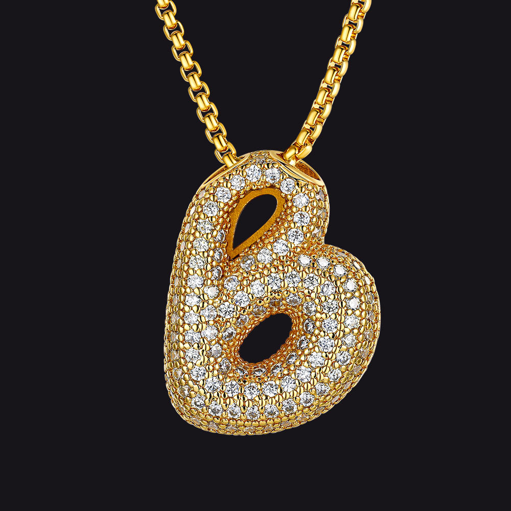 Gold Diamond Bubble Letter Initial Chain Necklace for